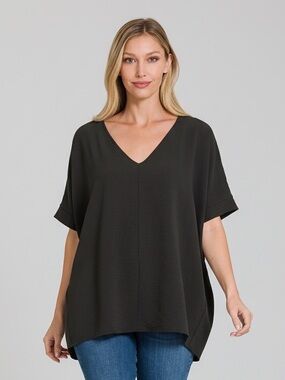 Zenana V-Neck Woven Dolman Sleeve Top in Black